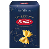 The Barilla - Farfalle Pasta n.65 - 500g box sports a blue design highlighting bowtie-shaped pasta made from premium durum wheat, with a cooking time of just 10 minutes, ensuring a delightful meal.